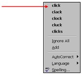 menu list of spelling corrections