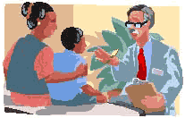 A doctor talking to a mother and child