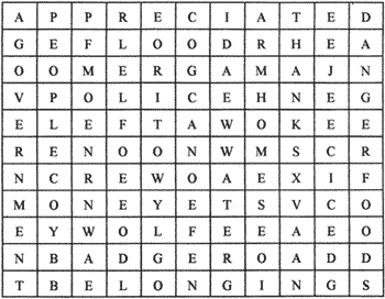 graphic of a word find puzzle (a large square divided into many smaller squares with a letter in each square)