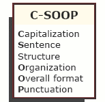 graphic of C-SOOP acronym: Capitalization, Sentence Structure, Organization, Overall format, Puncuation