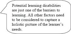 graphic of dialog bubble: Potential learning disabilities are just one of the barriers to learning. All other factors need to be considered to capture a holistic picture of the learner's needs.
