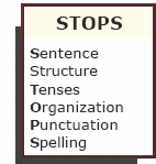 graphic od STOPS acronym: Sentence Structure, Tenses, Organization, Punctuation, Spelling